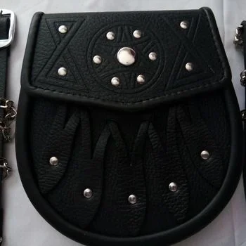 Brnew Celticc Design Black Leather Sporran With S-Chain Kilt Belt Bagpipe