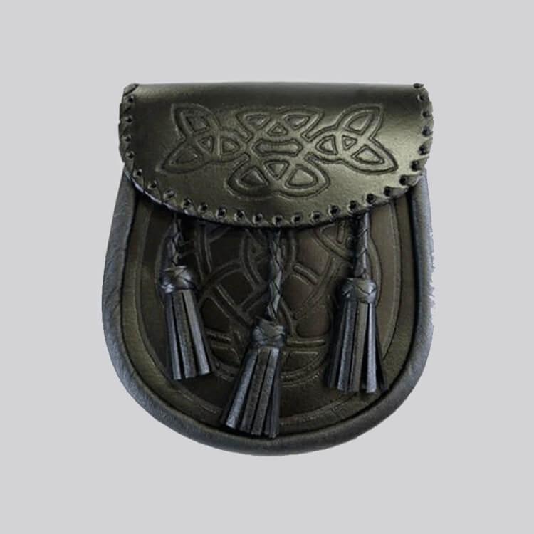 Black Celtic Embossed Leather Sporran for Kilts