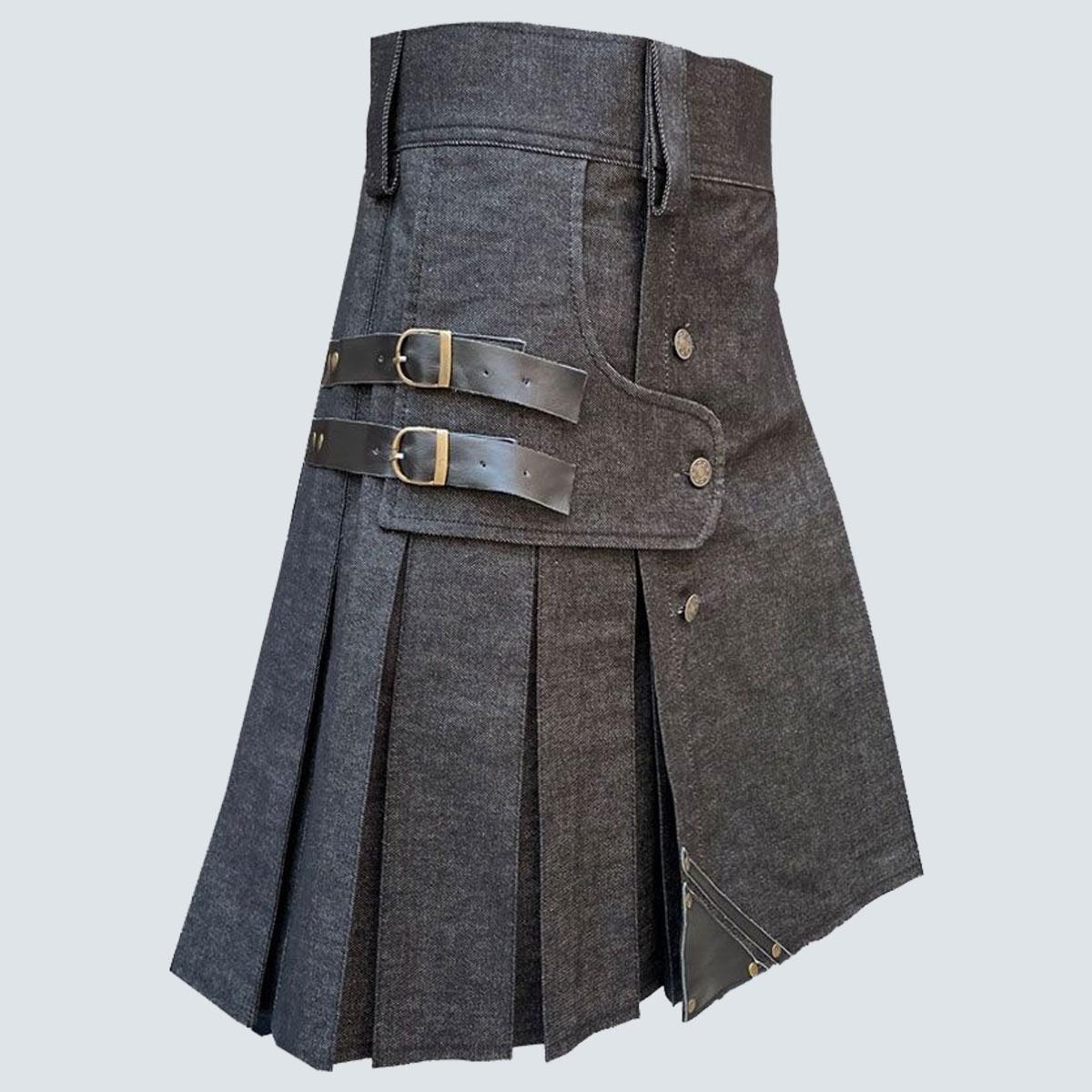 Black Denim Leather Kilt For Men