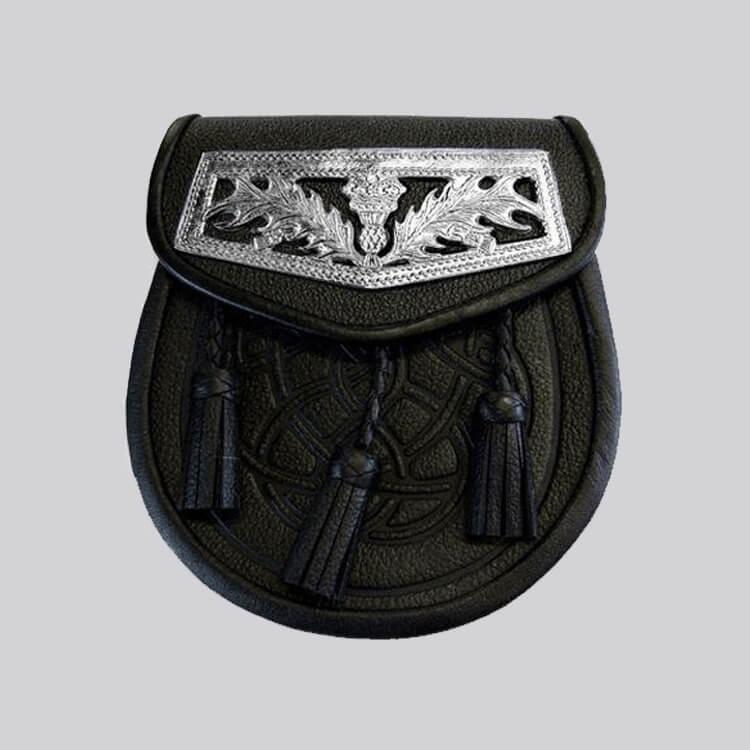 Black Celtic Thistle Plate Leather Sporran for Men