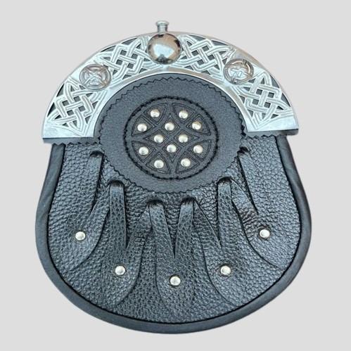 Black Leather Silver Cantle Sporran for Highland Wear