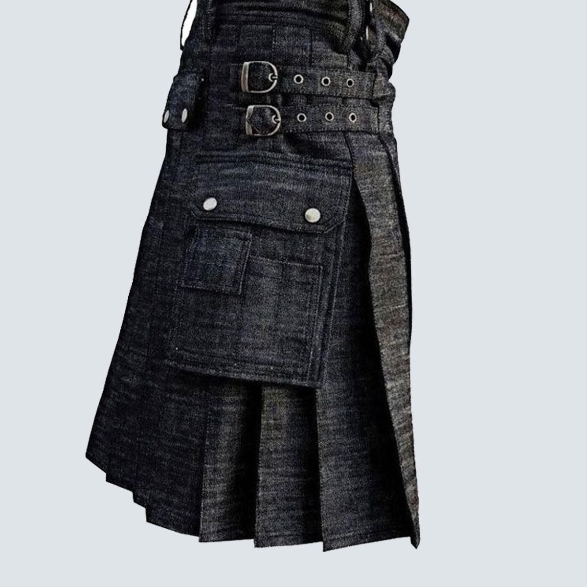 Solid Black Denim Utility Kilt
