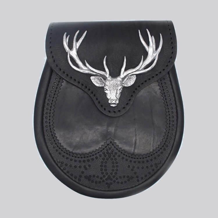 Black Stag Head Leather Sporran for Kilts