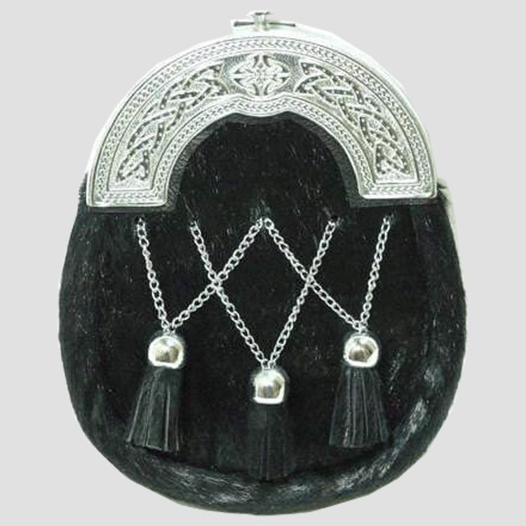 Celtic Black Calfskin Sporran with Chrome Detail