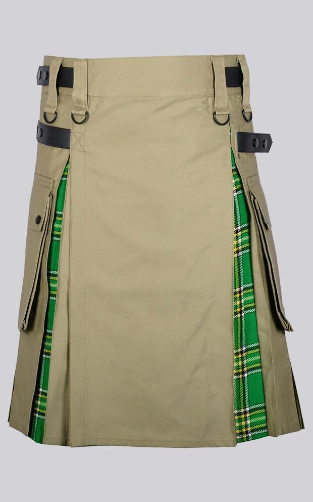 Khaki Cotton Hybrid Tartan Cargo Kilt