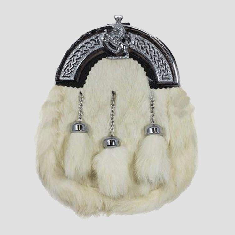 White Rabbit Fur Chrome Lion Emblem Sporran