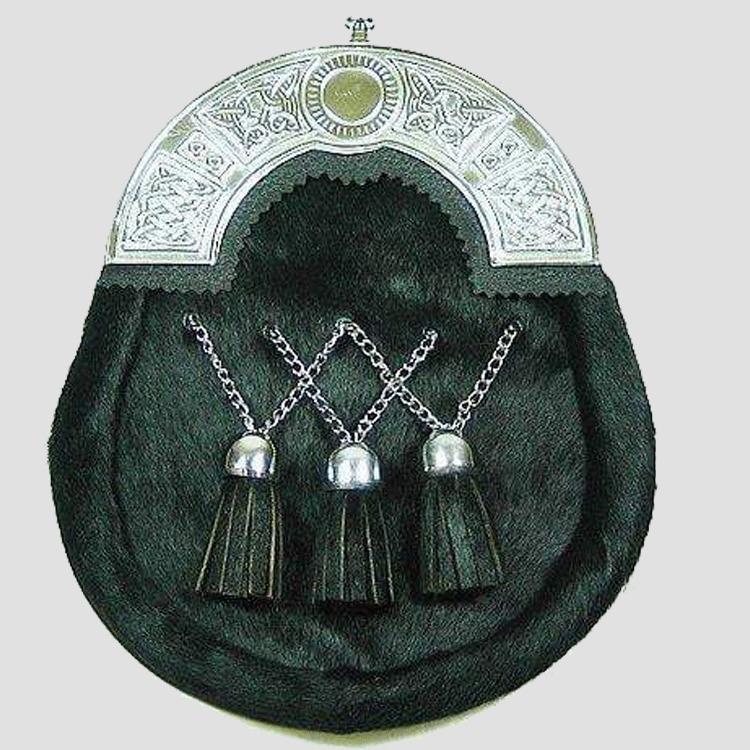 Black Calfskin Cross Tassles Sporran With Chrome Celtic Cantle