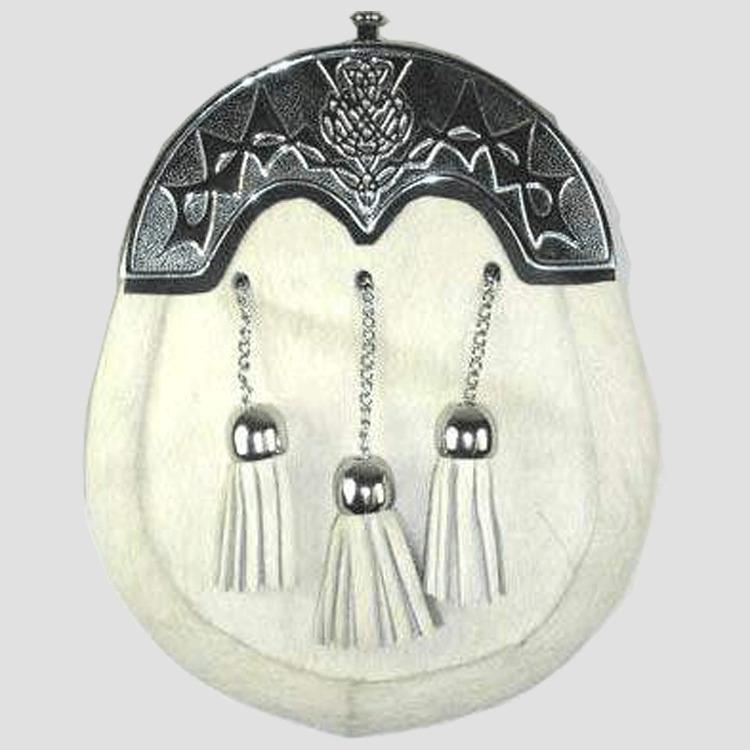 Elegant White Calfskin Sporran with Thistle Emblem
