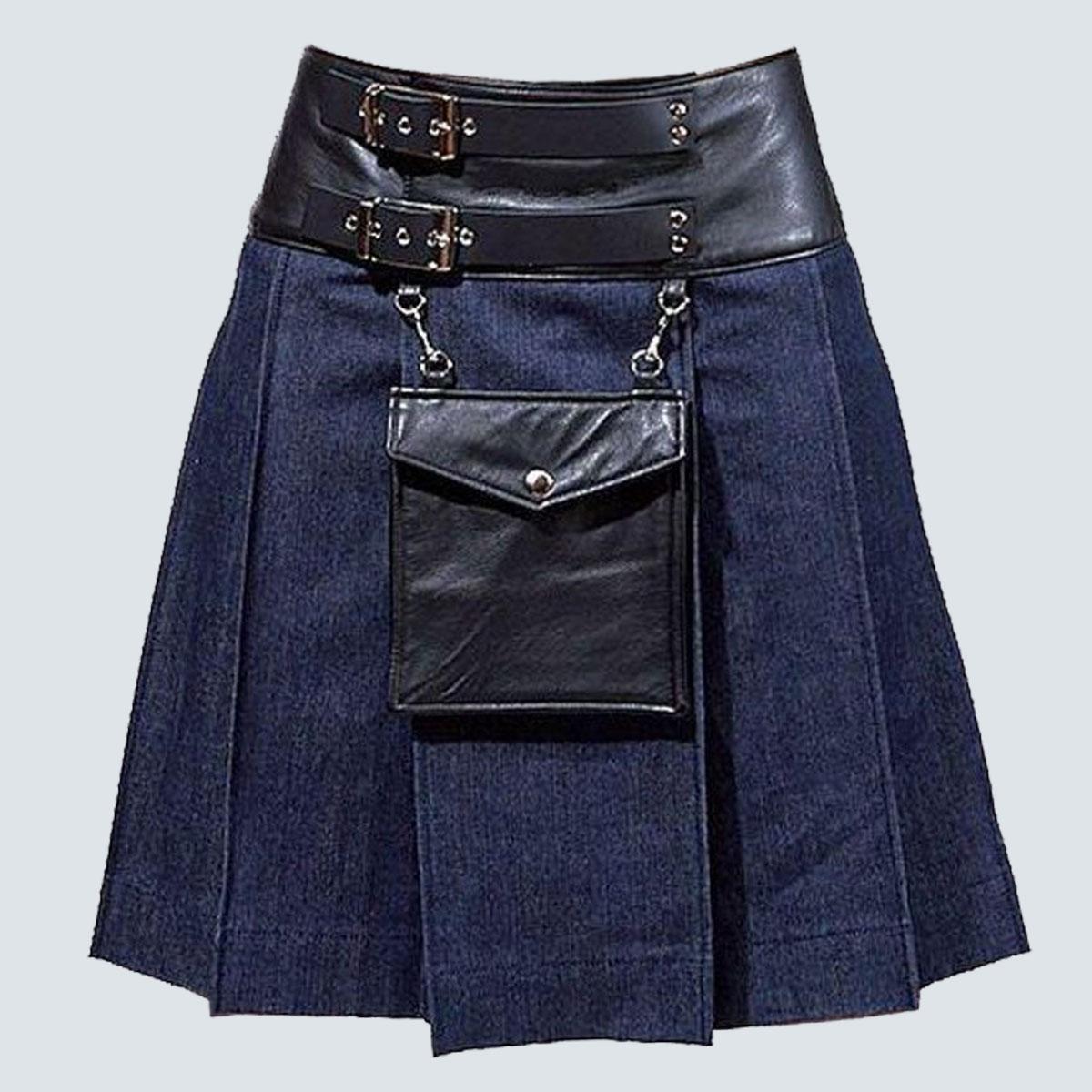 Black Leather Denim Kilt