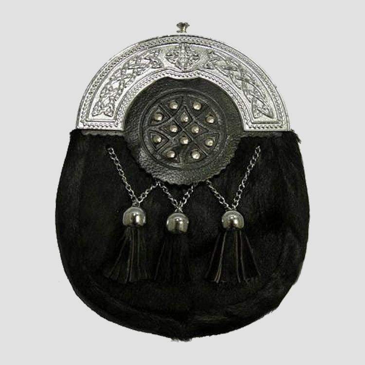 Celtic Studded Targe Black Calfskin Sporran