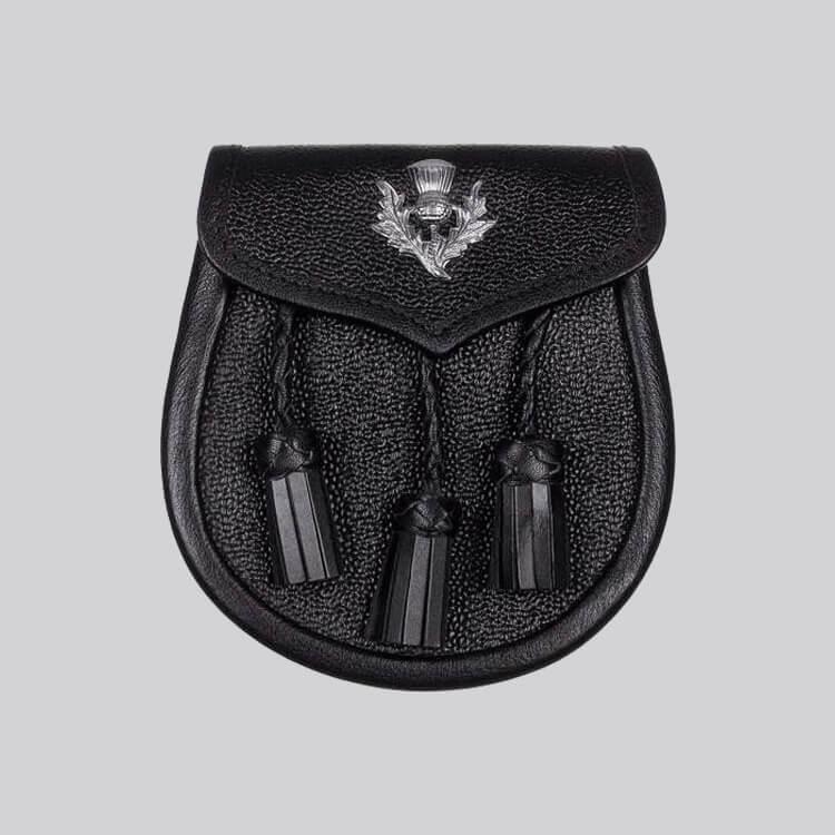 Black Leather Sporran With Thistle Emblem