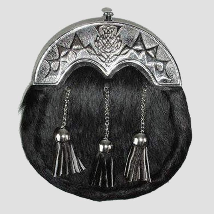 Thistle Black Calfskin Sporran for Formal Kilt Events