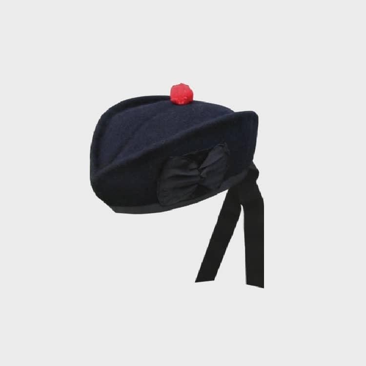 Plain Black Glengarry Cap Red Pom